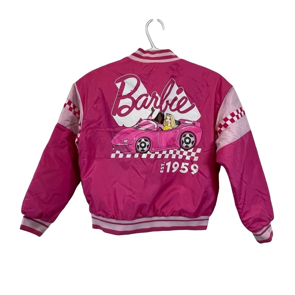 Barbie Girls Pink Racing Bomber Jacket Mattel 1959 Graphic Zip Up Size 10/12